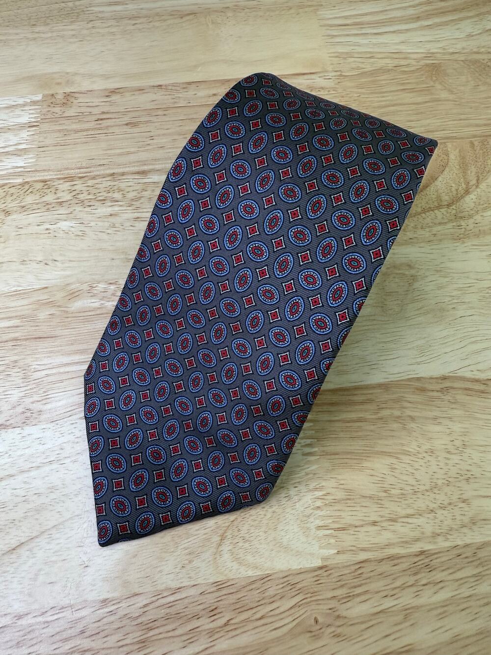 Claybrooke Men's 100% Silk Neck Tie Steel Blue Red Geometric